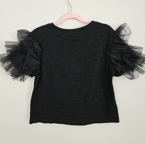 Anthropologie Lea & Viola Black Short Tulle Ruffle Sleeve Cotton Shirt Sz Small - Picture 2 of 10